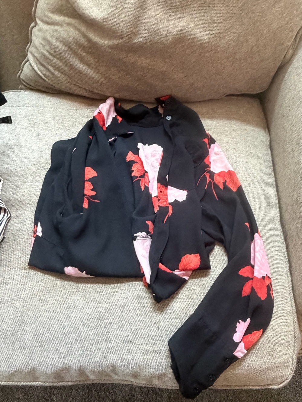 Who What Wear Black Blouse with Pink & Red Floral Print